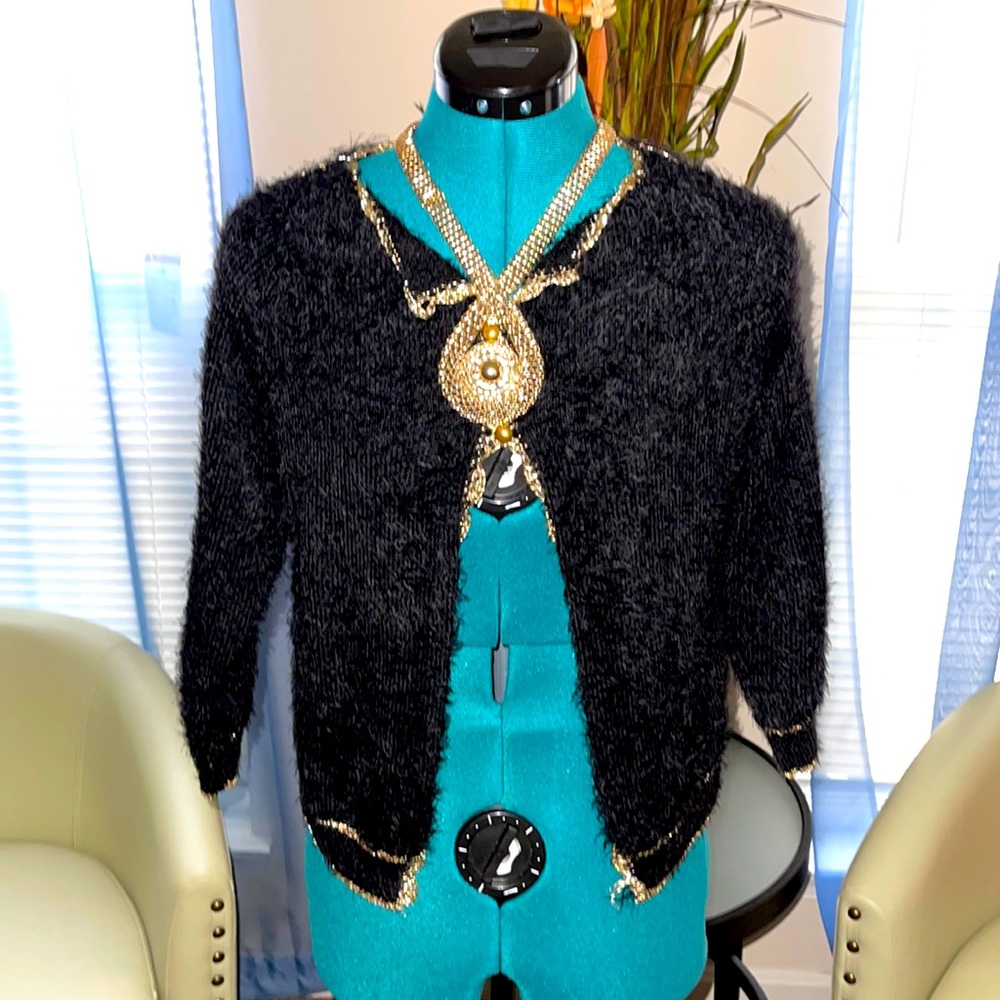 Womens Black Fuzzy Cardigan with Metallic Gold Trim